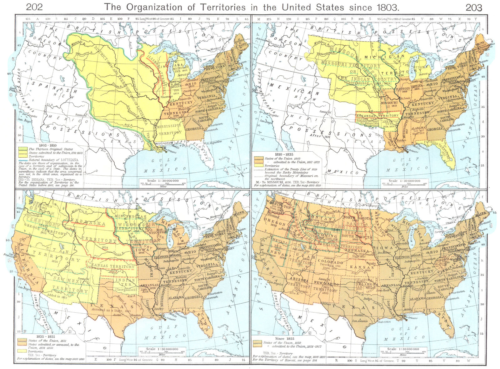 USA. Organization of Territories, US since 1803. 1810, 1835 & 1855 1956 map